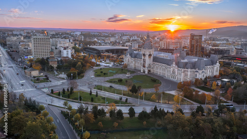 Tablou pe pânză Aerial view morning shot with Cultural Palace, the landmark of Iasi City Center