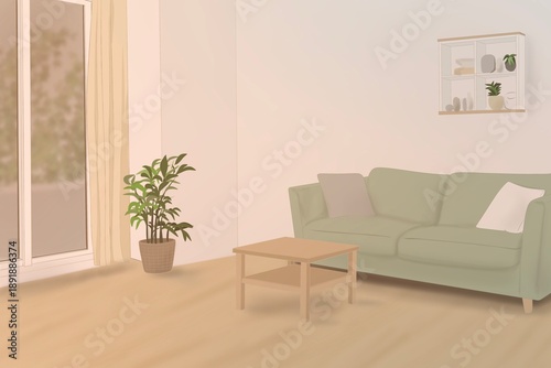 夕方のナチュラルなリビングルームイラスト背景