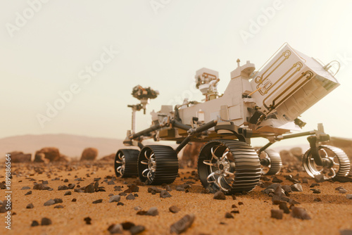 robotic rover exploring a rocky desert on the Mars planet. wheels and scientific equipment on the Martian surface. Futuristic space exploration and planet mission.