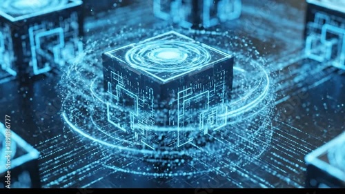 Glowing digital cubes linked by blue data streams