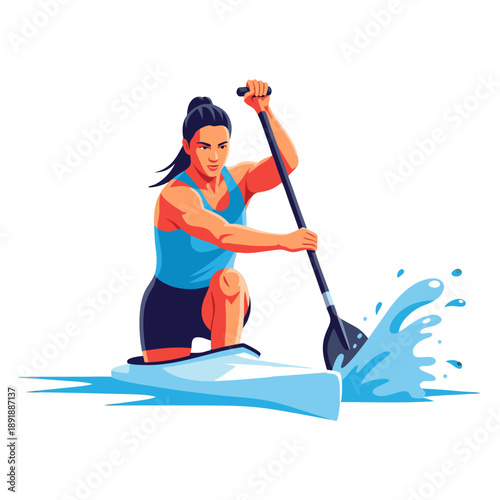Female canoeist paddling, Sprint canoe racing, social media post, transparent background, vector