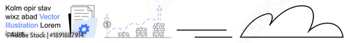 Business growth, cloud computing, data storage, financial management, automation, infrastructure. Chart with stacks of coins, file with gear cloud icon. Business growth and cloud computing concept