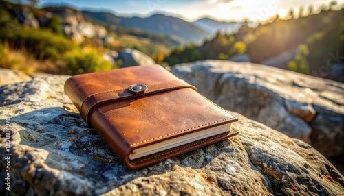 Leather bound journal with a metal clasp lies on a large grey rock in a scenic mountain landscape under bright sun