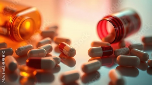 Wallpaper Mural Scattered pills from open medical bottles on reflective surface Torontodigital.ca