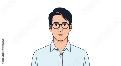 Intelligent Man Wearing Glasses and Light Blue Shirt Line Art Illustration
