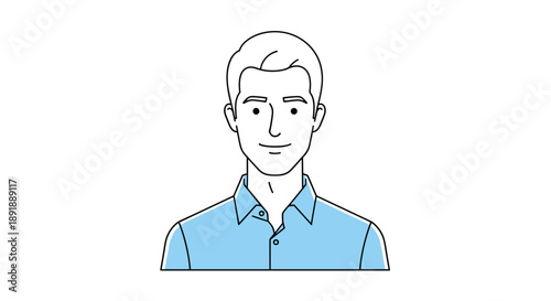 Smiling Young Man in Blue Shirt Line Art Portrait Illustration