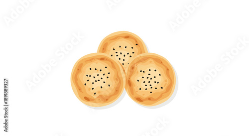 Three Round Flatbreads with Black Sesame Seeds Isolated on White Background