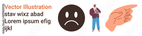Criticism, responsibility, accountability, feedback, emotions, business communication. ion of sad face, businessperson and pointing hand. Criticism and responsibility illustrated in a conceptual way