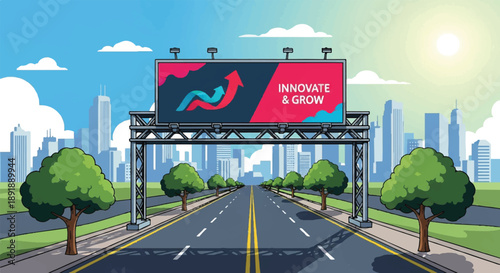 Billboard on highway bridge displaying innovation message with cityscape and trees alongside road