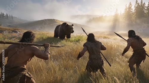 Golden hour landscape shot captures hunter gatherer group crouching and advancing toward wild bear, creating tension and survival theme with dust clouds and long shadows.