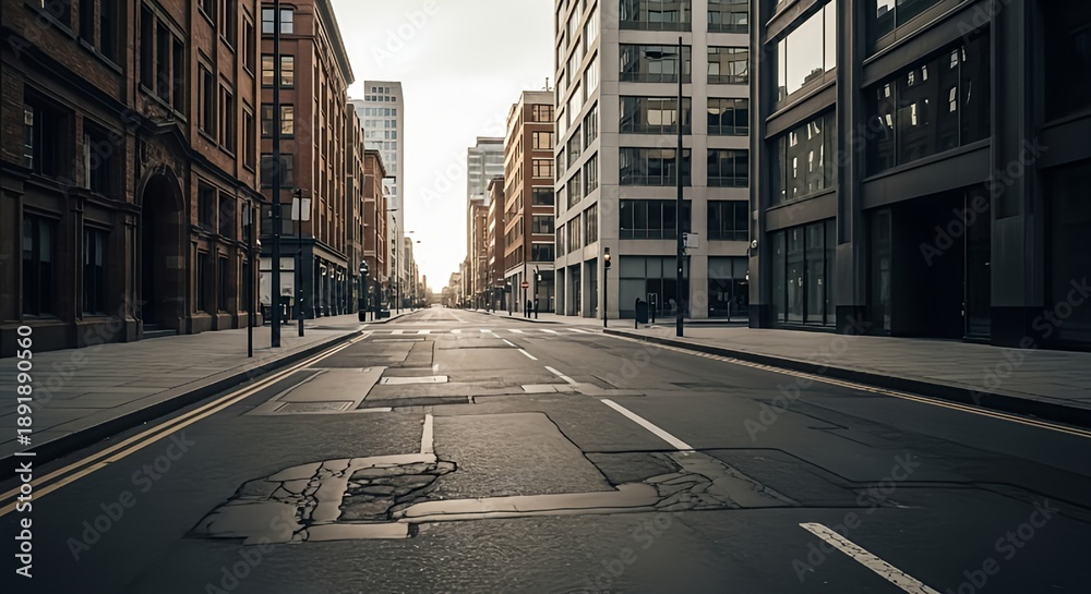 Fototapeta premium A long empty city street stretches forward between rows of brick and modern buildings under a bright hazy sun