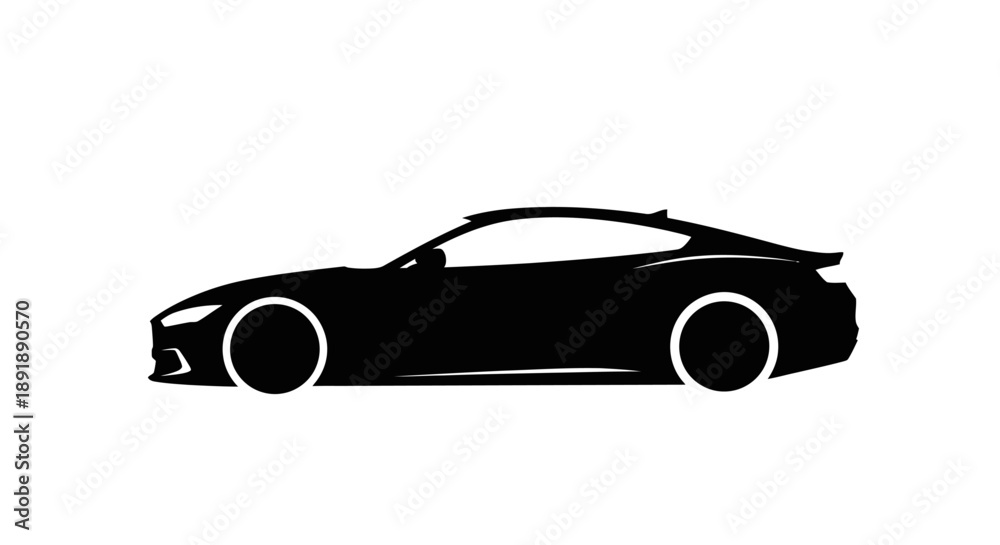 Fototapeta premium Sleek black sports car silhouette icon on a white background, side view, modern luxury vehicle symbol for automotive design.