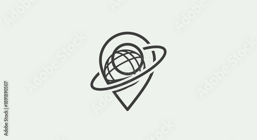 Global Location Pin Icon - World Map Pointer with Orbit - Connectivity, International Network, and Travel Concept Vector Art