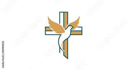 Symbolic dove with golden wings flying in front of a Christian cross, representing peace, faith, hope, and spiritual devotion.
