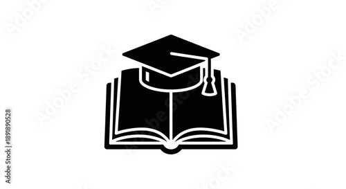 Graduation Cap and Open Book Icon. Symbolizing Higher Education, Knowledge, Learning, and Academic Achievement.