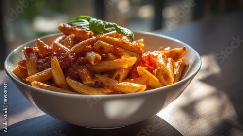 Dish of delicious penne pasta adorned with tomato sauce on a surface