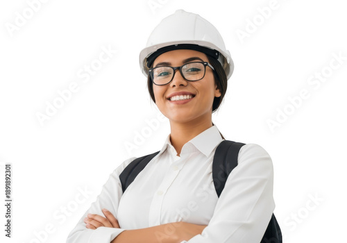 Smiling engineer with hard hat and glasses isolated on transparent background
