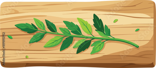 Fresh Green Herb Sprig Resting on Rustic Wooden Board with Pronounced Natural Woodgrain Texture