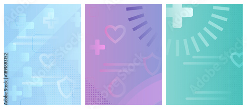 Set of 3 abstract medical science backgrounds in light blue, purple, teal gradients with subtle healthcare icons of crosses, hearts, shields. Modern design for medicine presentations, clinics banner