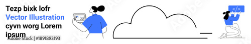 Cloud computing, digital technology, data storage, software development, teamwork, connectivity. Characters interacting with digital devices and cloud. Cloud computing and digital technology concept
