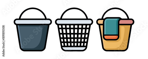 Three laundry baskets display variations including solid, woven, and one holding a colorful.