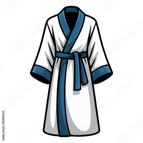 Traditional white and blue trimmed bathrobe hangs neatly ready for relaxing spa treatment.