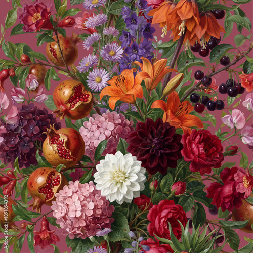 Seamless vector pattern with colorful autumn garden flowers and fruits isolated on a changeable background. Vintage painting style illustration.