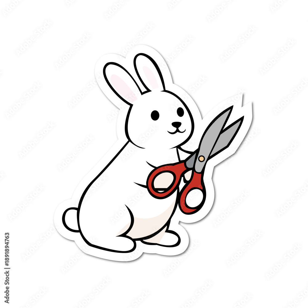 Obraz premium Cute white bunny rabbit sticker holding red scissors tool | Craft Bunny Illustration | Kawaii Rabbit Art | Funny Bunny Character
