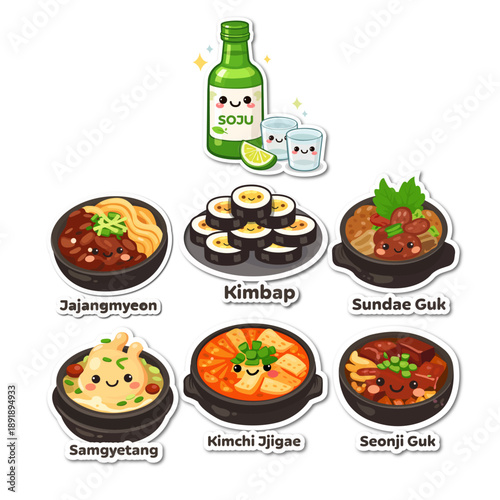Korean food sticker collection with cute faces including bibimbap kimbap kimchi jjigae samgyetang and soju bottle for restaurant menu design