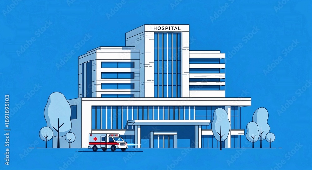 Naklejka premium Modern hospital building exterior with emergency ambulance parked outside entrance