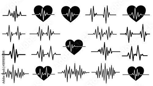 Vector illustration of heart rate monitors with heartbeat icons in a grid layout