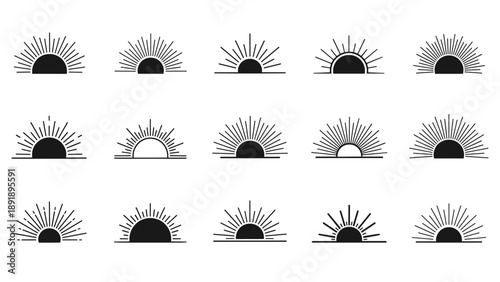 Vector sun and sunrise icons set in various styles and phases, viewed from directly above, digitally illustrated