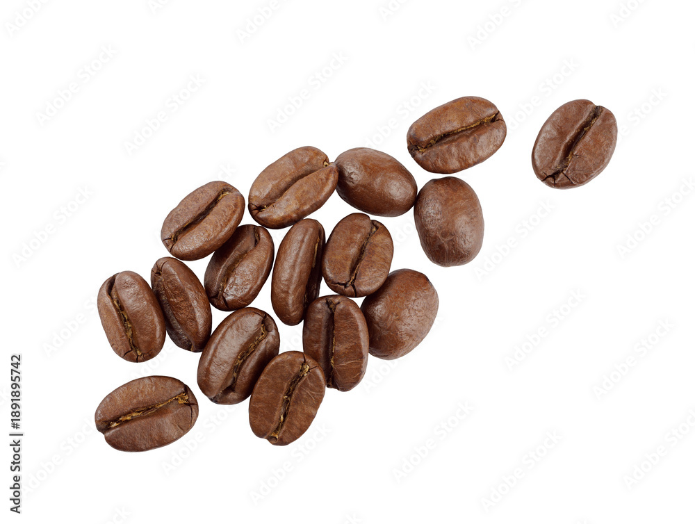 Obraz premium Roasted coffee beans isolated on transparent background, group of arabica coffee seeds