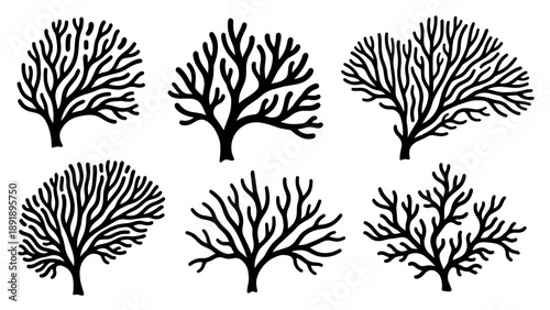 Vector collection of various black silhouettes of coral reefs on a white background displayed from different viewpoints