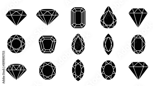 A collection of vector diamond icons in various shapes and designs displayed on a clean background from a straightforward viewpoint