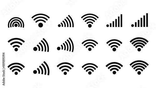 A collection of black wifi signal strength indicator icons, a vector graphic representation of wireless internet connectivity and network strength