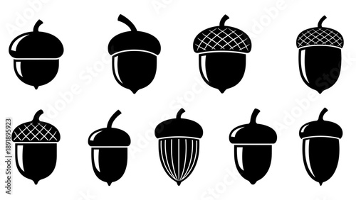 Set of black and white vector acorn icons, symbolizing nature, autumn, and growth, for design elements