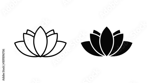 Vector illustration of elegant lotus flower icons, outline and solid, on transparent background