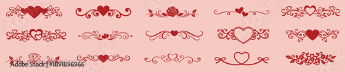 Valentine’s Day heart divider and border set, romantic central frame ornaments with hearts and cupid, red and pink symmetrical horizontal headers for greeting cards and invitations