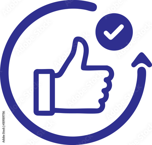 Positive feedback icon with thumbs up hand and check mark symbol inside circular arrow representing satisfaction quality