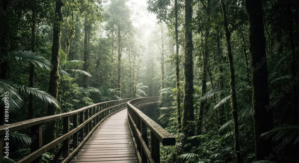 Obraz premium A wooden path curves through a dense, vibrant rainforest, bathed in sunlight's gentle glow