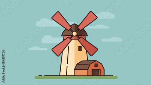 Flat design windmill and barn illustration on a clear day