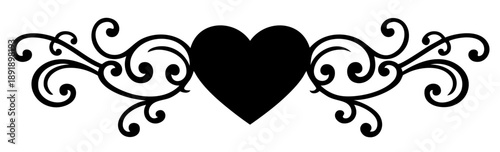 Decorative Valentine’s Day Heart Divider with Elegant Swirl Flourishes, Symmetrical Horizontal Ornament for Romantic Frames and Greeting Cards