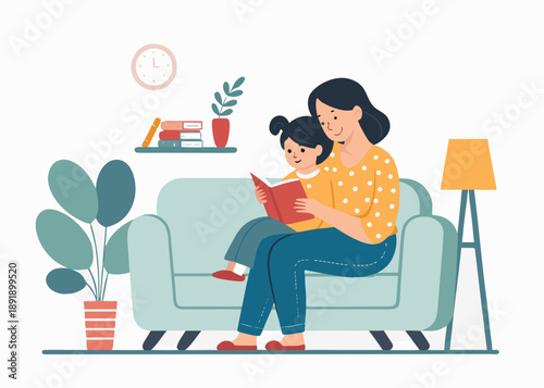 Flat illustration of a loving mother reading a story to her child on a comfortable sofa, depicting a tender family bonding moment and the joy of shared learning at home