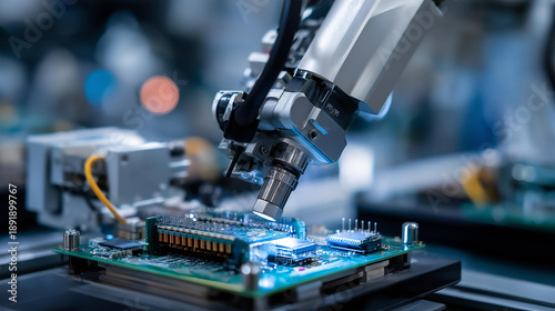 Close-up of robotic arm assembling circuit board, faceless automated manufacturing, printed circuit board production, electronics assembly, microchip technology, precision