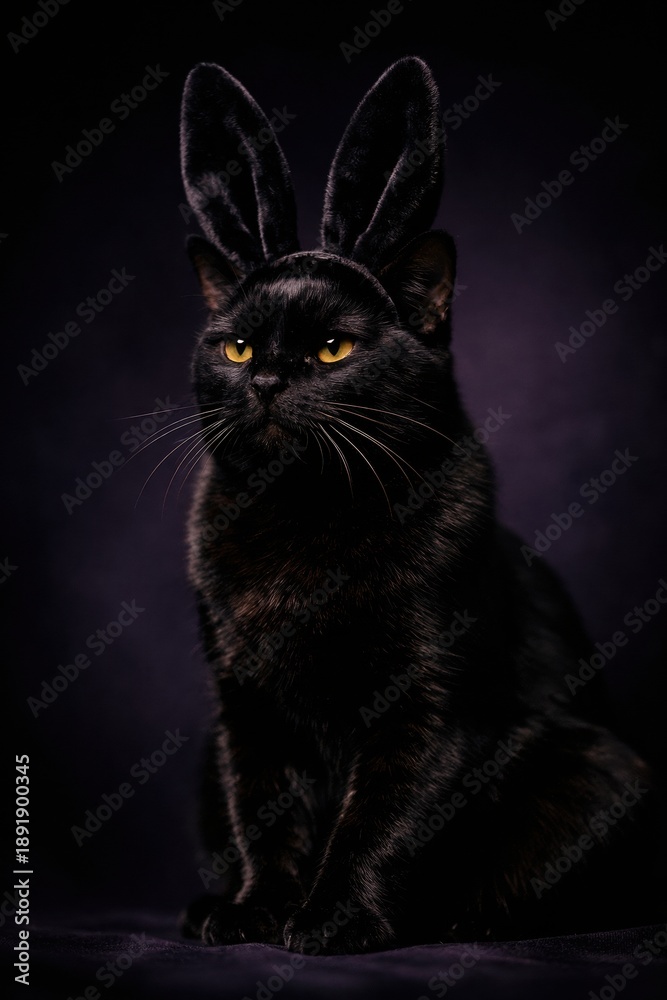 Obraz premium A black cat with yellow eyes wearing plush bunny ears. This image blends Easter themes with a dark humorous aesthetic. Perfect for social media posts or holiday greeting cards.
