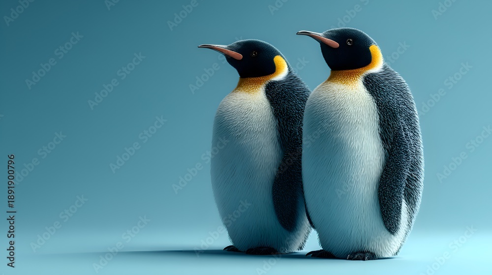 Obraz premium Two emperor penguins stand side by side against a plain teal backdrop showcasing their distinctive yellow and black neck markings gracefully.