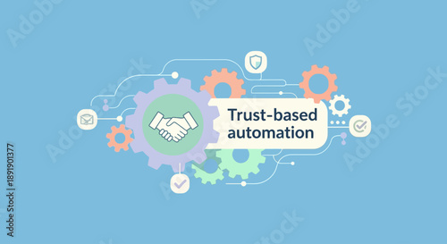 Concept illustration of trust-based automation with handshake and digital icons.