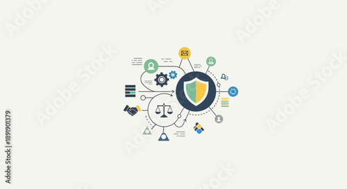 Conceptual illustration of legal protection and cybersecurity with shield and law symbols.