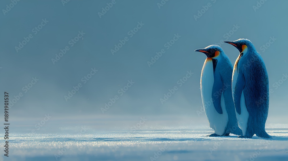 Obraz premium Two king penguins stand side by side on a snow covered landscape gazing into the distance on a cold and overcast day in Antarctica.